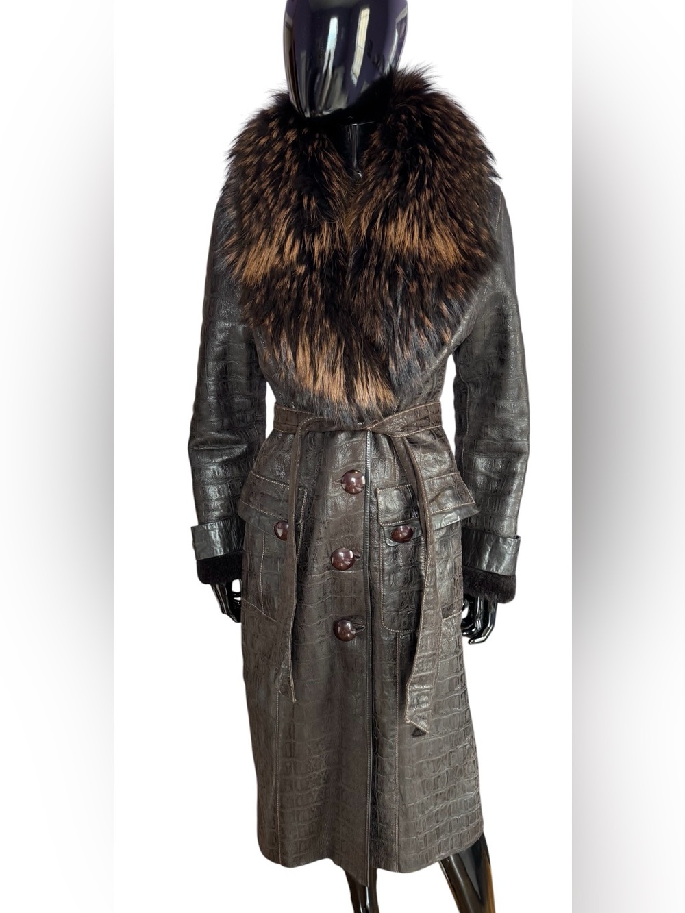 Viyanto Dark Brown Croc-Embossed Leather shearling Brown Fur coat